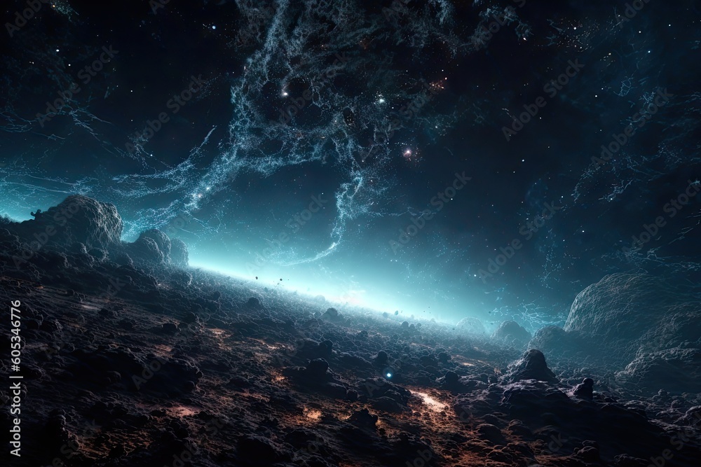 Wall mural starfield with nebula and galaxy formations in the background, created with generative ai