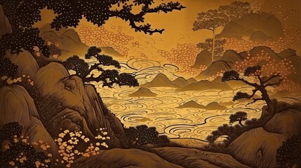 Golden mountain landscape in traditional Japanese Ukiyo-e design, weaving dynamic and retro into the design Abstract, Elegant and Modern AI-generated illustration
