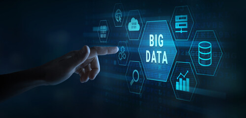 Big data analytics concept on touchscreen, big data button with icons.