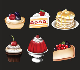 set of cakes and desserts