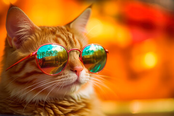 A cat wearing sunglasses and relaxing on the sunny summer day.AI generated.