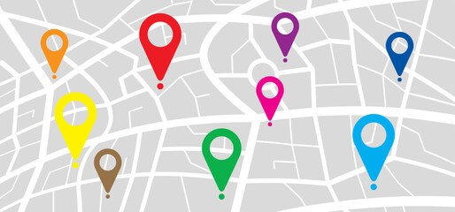Cartoon map with pin pointers icon. Navigation or navigator, maps, road, direction arrow. Pins points mark. Pointer or point trekking route. track en trace city, street map. Markers, map locator idea.