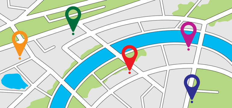 Cartoon map with pin pointers icon. Navigation or navigator, maps, road, direction arrow. Pins points mark. Pointer or point trekking route. track en trace city, street map. Markers, map locator idea.
