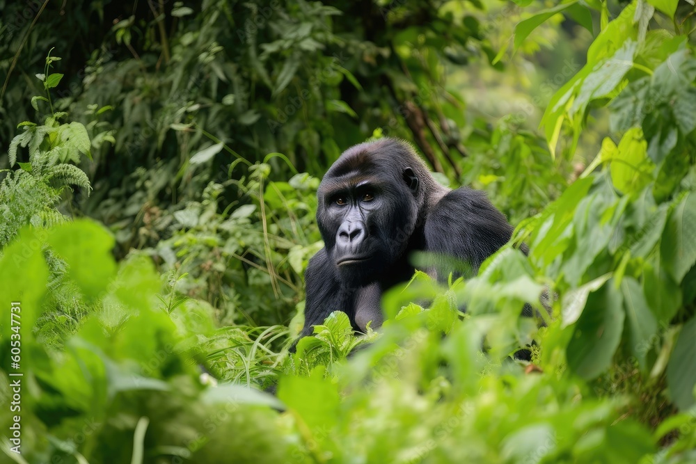 Canvas Prints glimpse of gorilla in the wild, surrounded by lush greenery and picturesque view, created with generative ai