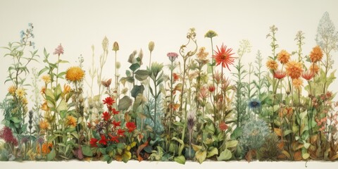 Artful illustration of diversity of plants and flowers, colorful meadow, Generative AI