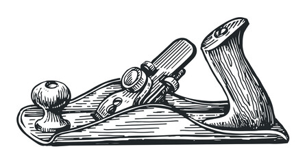 Wood shaving tool sketch. Carpenter planer, jointer in vintage engraving style. Carpentry, workshop vector illustration