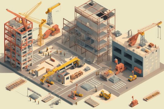 a construction site, with isometric and axonometric projections showing the various work stages, created with generative ai