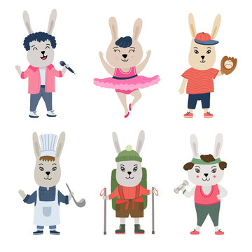 Set with funny bunnies or rabbits characters. Hand drawn illustrations. Hobby and favorite pastime