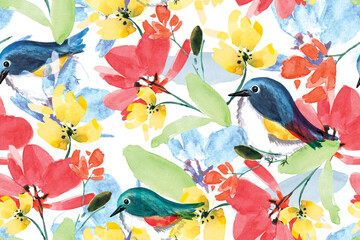Flower and bird seamless pattern with watercolor.Designed for fabric and wallpaper, vintage style.Hand drawn floral pattern illustration.Blooming flower painting for summer.Abstract background.