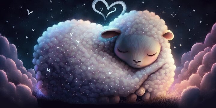 A cute and adorable lamb is sleeping under night sky between stars pillow. Generative AI AIG16.