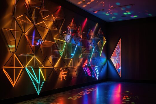 Kinetic And Interactive Geometric Art Installation On A Wall, With Colorful Beams Of Light Shining Through, Created With Generative Ai