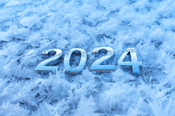 Background for a New Year's card, symbols of 2024 covered with frost among frost crystals and snow