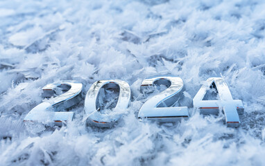 Background for a New Year's card, symbols of 2024 covered with frost among frost crystals and snow