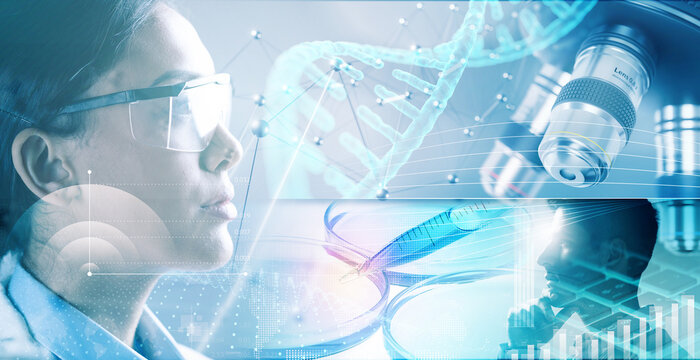 Genetic research concept background. Scientist and chemical researcher overlayed in biotechnology laboratory.