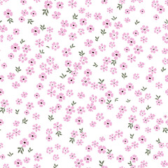 Cute floral pattern of small flowers. Seamless vector texture. An elegant template for fashionable prints. Very small pink flowers on a white background.