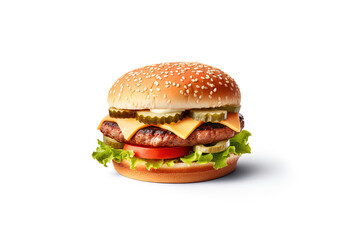 Delicious and tasty burger isolated on white background. fast food. Created with Generative AI Technology