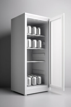 Blank White Aluminum Beer or Soda Can With Droplets On Shelves In Refrigerator With Glass Door. Minimalism. Generative AI