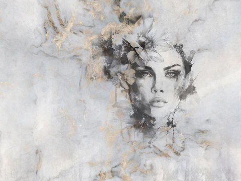 Fototapeta Beautiful woman's face with a flower on her head. Mural on marble.