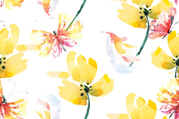 Flower and butterfly seamless pattern with watercolor.Designed for fabric and wallpaper, vintage style.Hand drawn floral pattern illustration.Blooming flower painting for summer.Abstract background.
