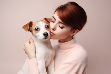 young attractive woman hugging dog in hands, color trendy background. Generative AI