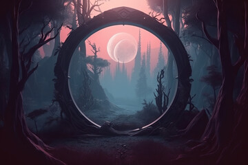Mystical gothic forest with moon, dark gloomy background with fantasy mirror, reflection of darkness, dark forest. Generative AI
