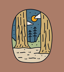 Sequoia Redwood National Park mono line graphic illustration vector for t-shirt, badge, patch design