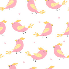 Obraz premium Cute pink bird with hearts. Cute seamless pattern for wrapping paper, wallpapers, prints for childish textiles, pillows, cards, t-shirts.