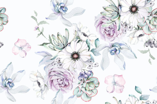 Seamless pattern of anemone and blooming flowers painted in watercolor on pastel background.Designed for fabric luxurious and wallpaper, vintage style.Hand drawn botanical floral pattern illustration.