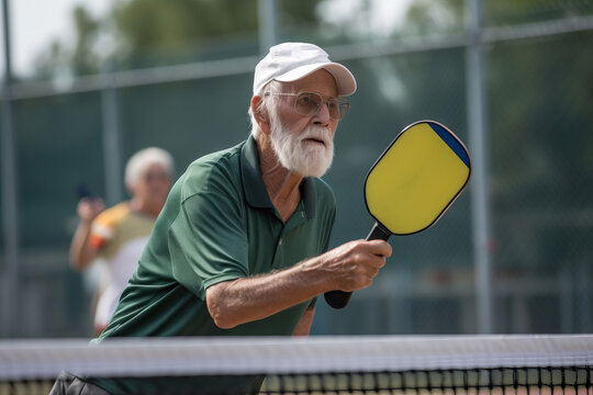 Senior man hitting a pickleball with paddle. Generative AI