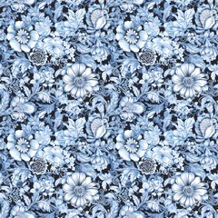 Abstract seamless floral background in blue tones. AI generated