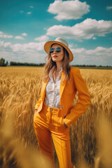 Woman in bright suit in summer fields. Generative AI