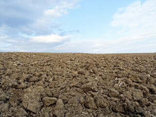 A farmer inspects the field before sowing seeds, pieces of soil in his hands, close-up