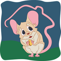 Color illustration of cartoon hiding mouse with background.
Vector illustration of little mouse hiding in house in cartoon style. Mouse with grain in its paws hides under its tail, curved in the form 