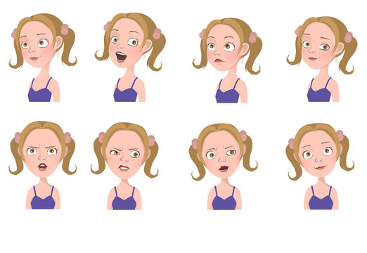 Illustration of 8 facial expression of a girl