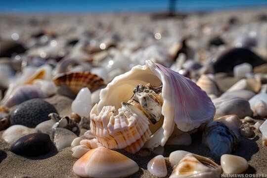 beachcomber finds a rare and beautiful shell among the typical shells on the beach, created with generative ai