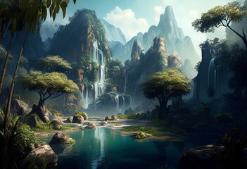 Mountain range with forests, waterfalls at sunset. AI Generated