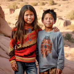Portrait of a Native American Indian brother and sister by generative AI - obrazy, fototapety, plakaty