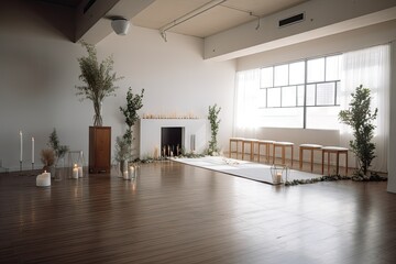a modern and minimalist ceremony with clean lines and soft natural light, created with generative ai