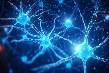 Naklejka na ściany i meble Blue Nerve Cell Banner: Brain's Neuron System with Synapses. AI
