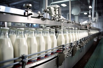 Milk Bottling Line at Dairy Production Plant. AI - obrazy, fototapety, plakaty