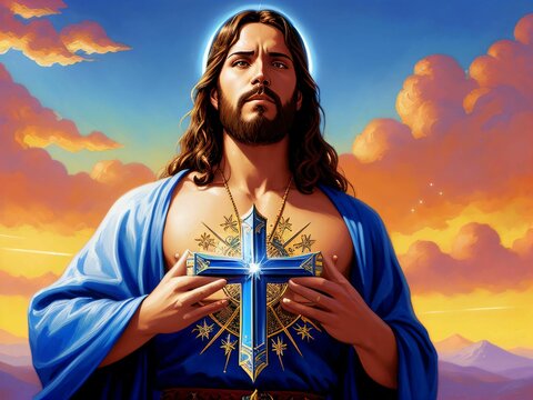 A painting of jesus with a blue sky background