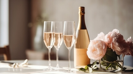 Glasses of rose wine. Still life with wine and peon flowers.	
 - obrazy, fototapety, plakaty