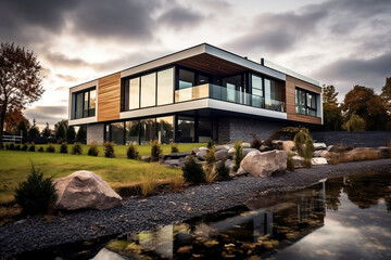 Titre : Modern house in a garden - IA g&eacute;n&eacute;rative