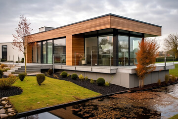 Titre : Modern house in a garden - IA g&eacute;n&eacute;rative