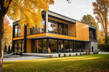 Titre : Modern house in a garden - IA g&eacute;n&eacute;rative