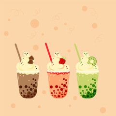 Vector set of bubble tea, chocolate, strawberry and kiwi taste in plastic cup witn straw.
