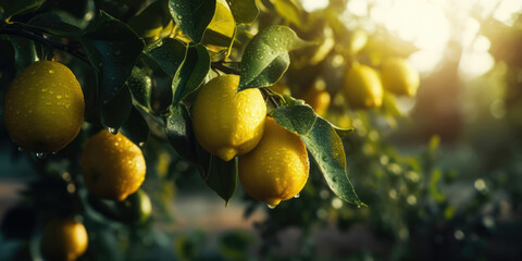 Lemons fruts hanging on a lemon tree branch in sunny garden. Citrus orchard background, copy space. Generative ai