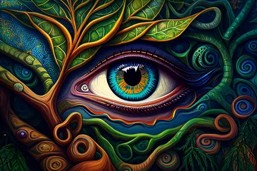 Wall murals Boho Style Ayahuasca compilation.Shamanic meditation. The journey of consciousness. A dragon in a tree trunk. The magic eye. Generative AI.