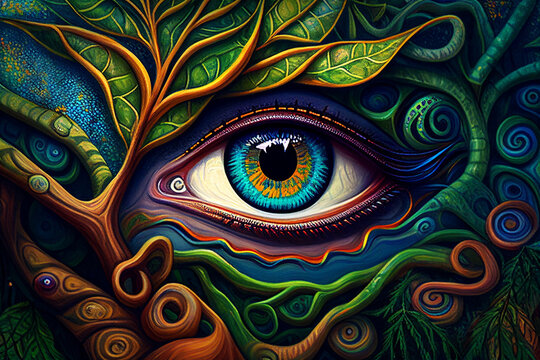 Ayahuasca compilation.Shamanic meditation. The journey of consciousness. A dragon in a tree trunk. The magic eye. Generative AI. © OLA LA MERKEL