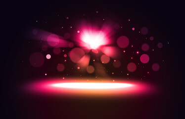 Pink glitter lights show on stage with bokeh elegant lens flare abstract background. Dust sparks background. - 605353718